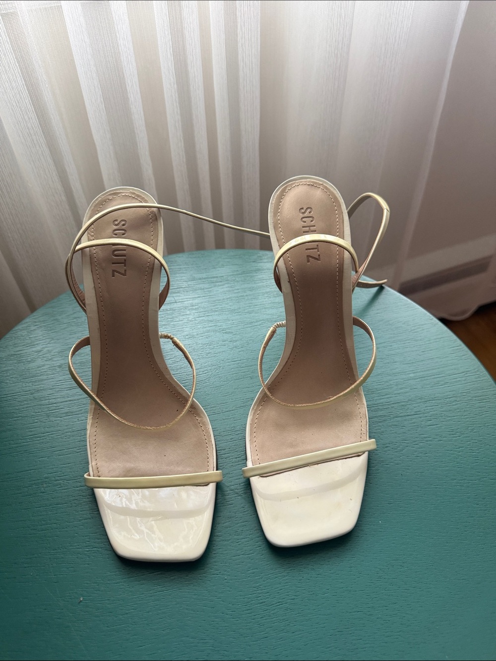 SCHUTZ Patent Cream Strappy Square-Toe Heels
